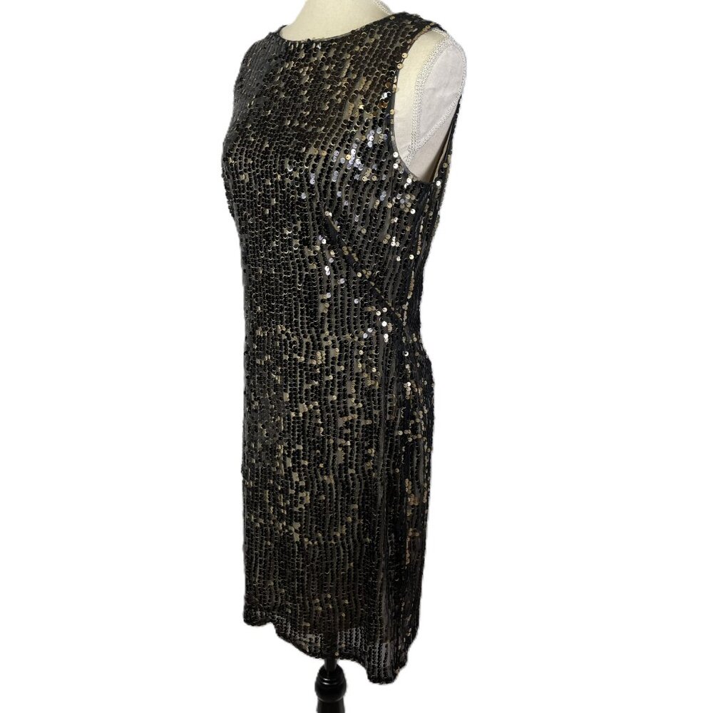Lauren Ralph Sequins Evening Cocktail Dress Sleeveless Black Tan Gold Size 8 - Picture 2 of 16